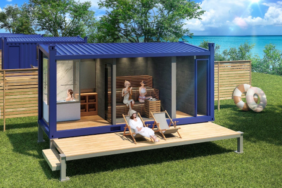 サウナコンテナの外観（単体ユニット・正面）